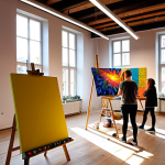 **Prompt:** *A vibrant, modern art studio in Wrocław, Poland. An artist is working on a large, colorful canvas, surrounded by art supplies. Sunlight streams through a large window, illuminating the creative space. In the background, other artists are collaborating and discussing their work. A sign reads "A-i-R Wro" in a contemporary font. Emphasize the atmosphere of inspiration and collaboration.*
