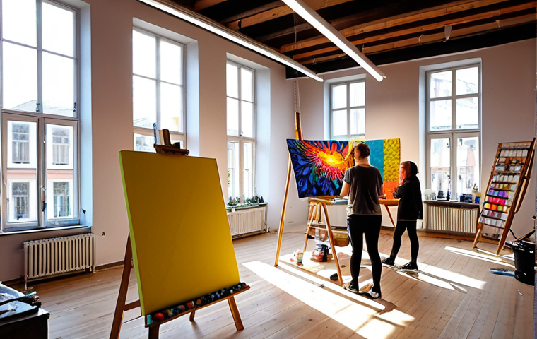 **Prompt:** *A vibrant, modern art studio in Wrocław, Poland. An artist is working on a large, colorful canvas, surrounded by art supplies. Sunlight streams through a large window, illuminating the creative space. In the background, other artists are collaborating and discussing their work. A sign reads "A-i-R Wro" in a contemporary font. Emphasize the atmosphere of inspiration and collaboration.*